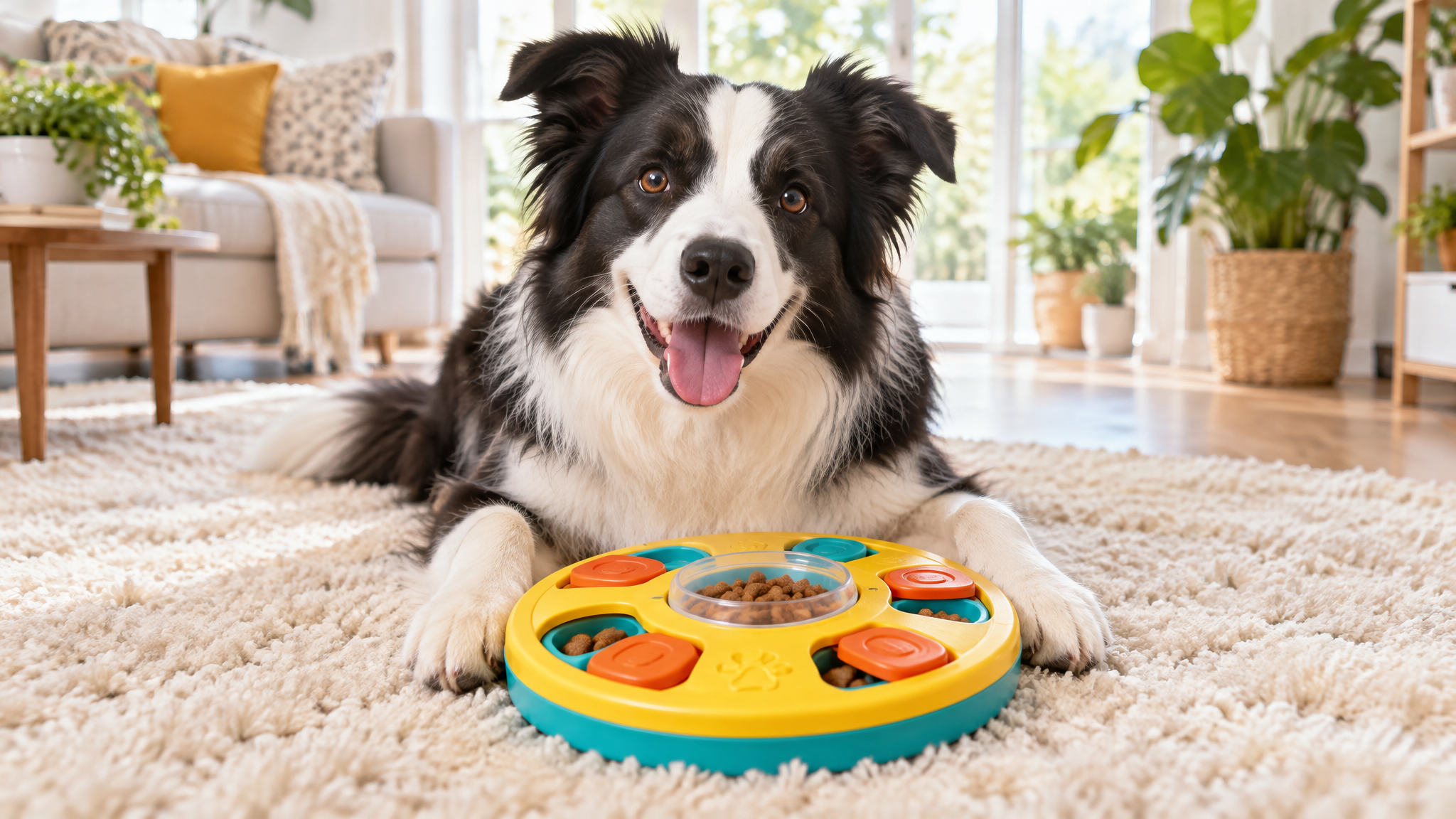 Happy Border Collie with interactive puzzle feeder toy