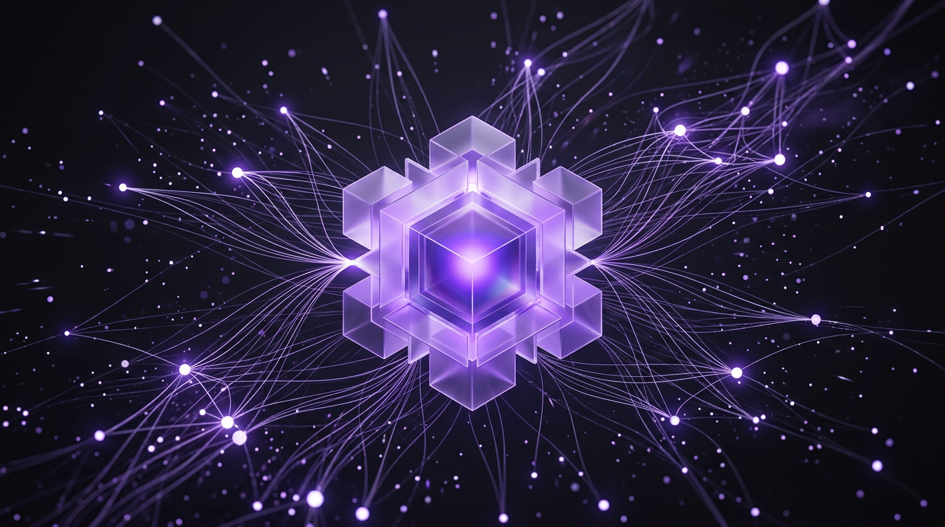 A glowing violet knowledge structure in the dark radiating thin light-threads out to smaller points, representing expert content being read and cited by both people and AI assistants
