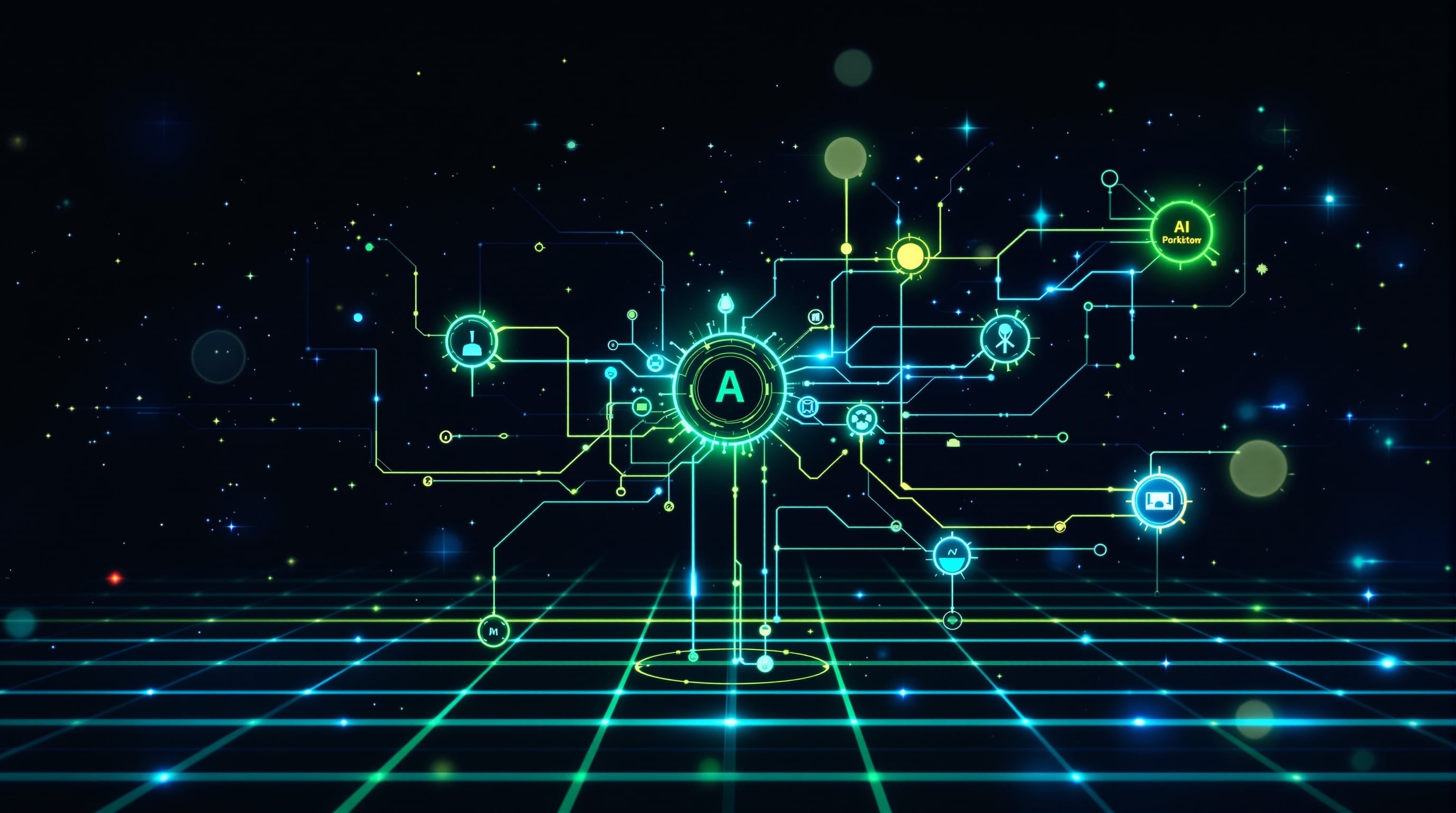 AI agent architecture concept with neural network nodes and connections