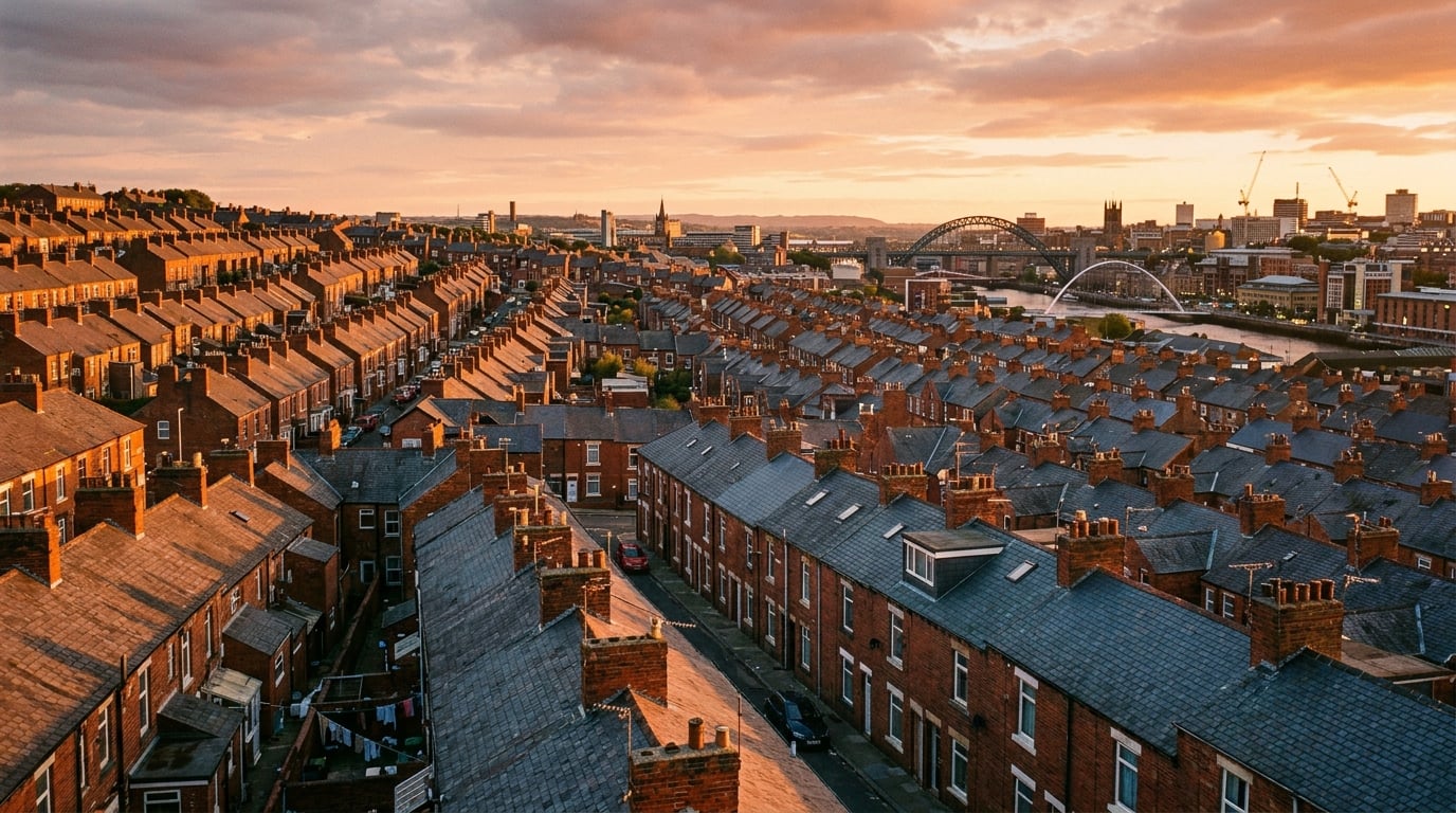 Rooftops of houses in the North East of England at golden hour