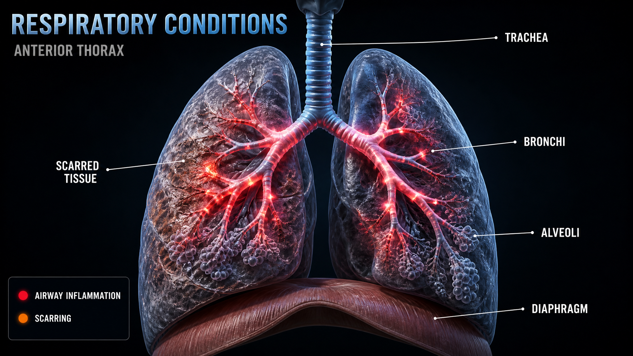 Diagram of lungs and bronchial tree showing airway inflammation and scarring
