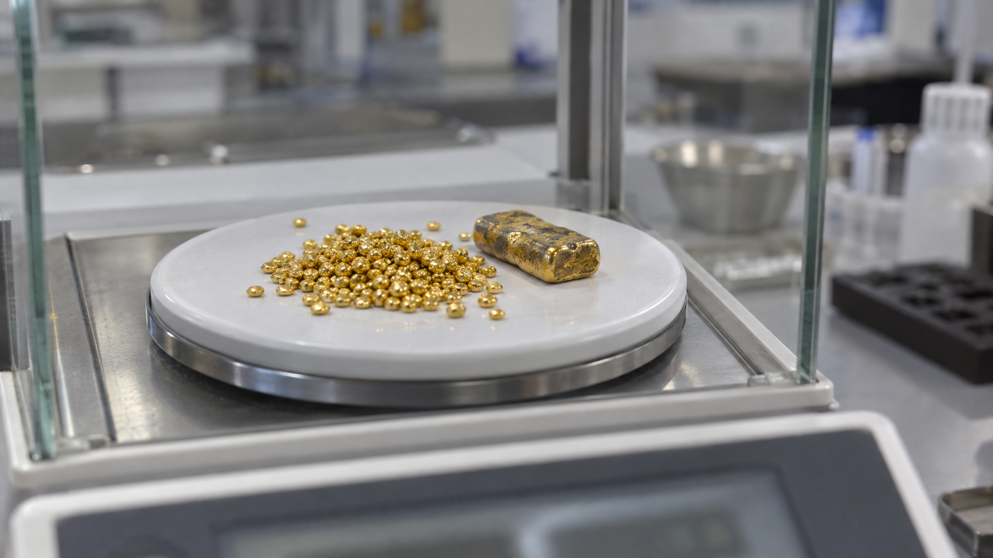 Fine refined gold on a precision balance — national wealth made tangible