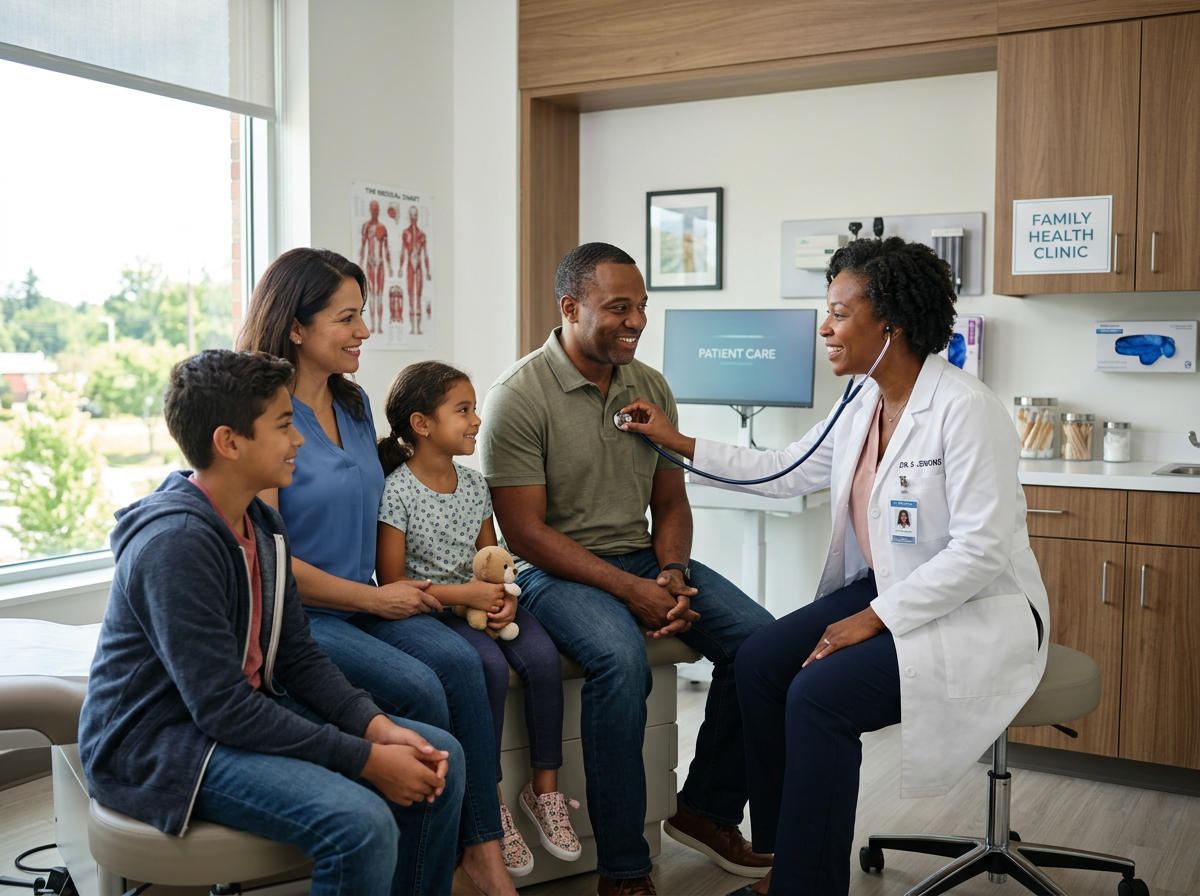A veteran's family meeting with a doctor, covered by CHAMPVA family health care