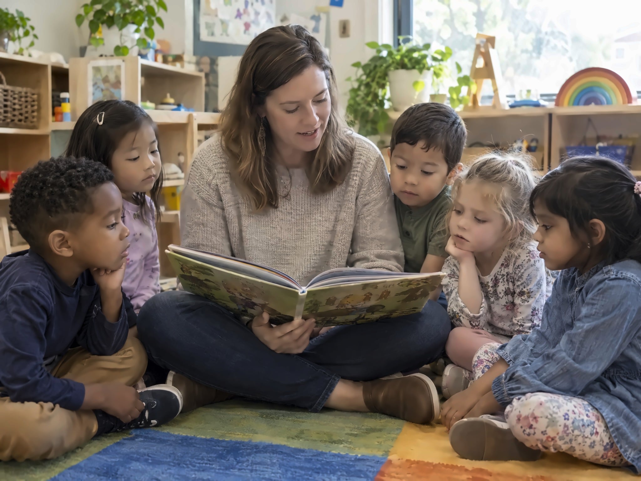 A caring teacher reading a storybook to attentive preschoolers on a colorful rug