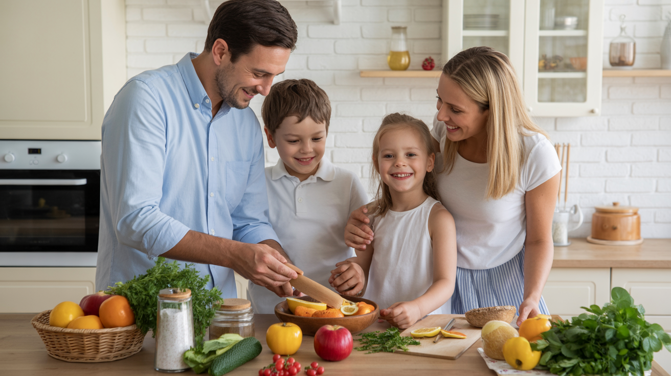 Glückliche deutsche Familie bereitet gesunde Mahlzeit zu