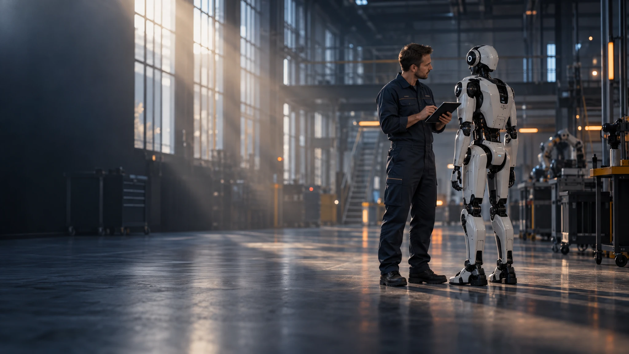 Servicetechniker neben einem Roboter in einer Werkstatthalle