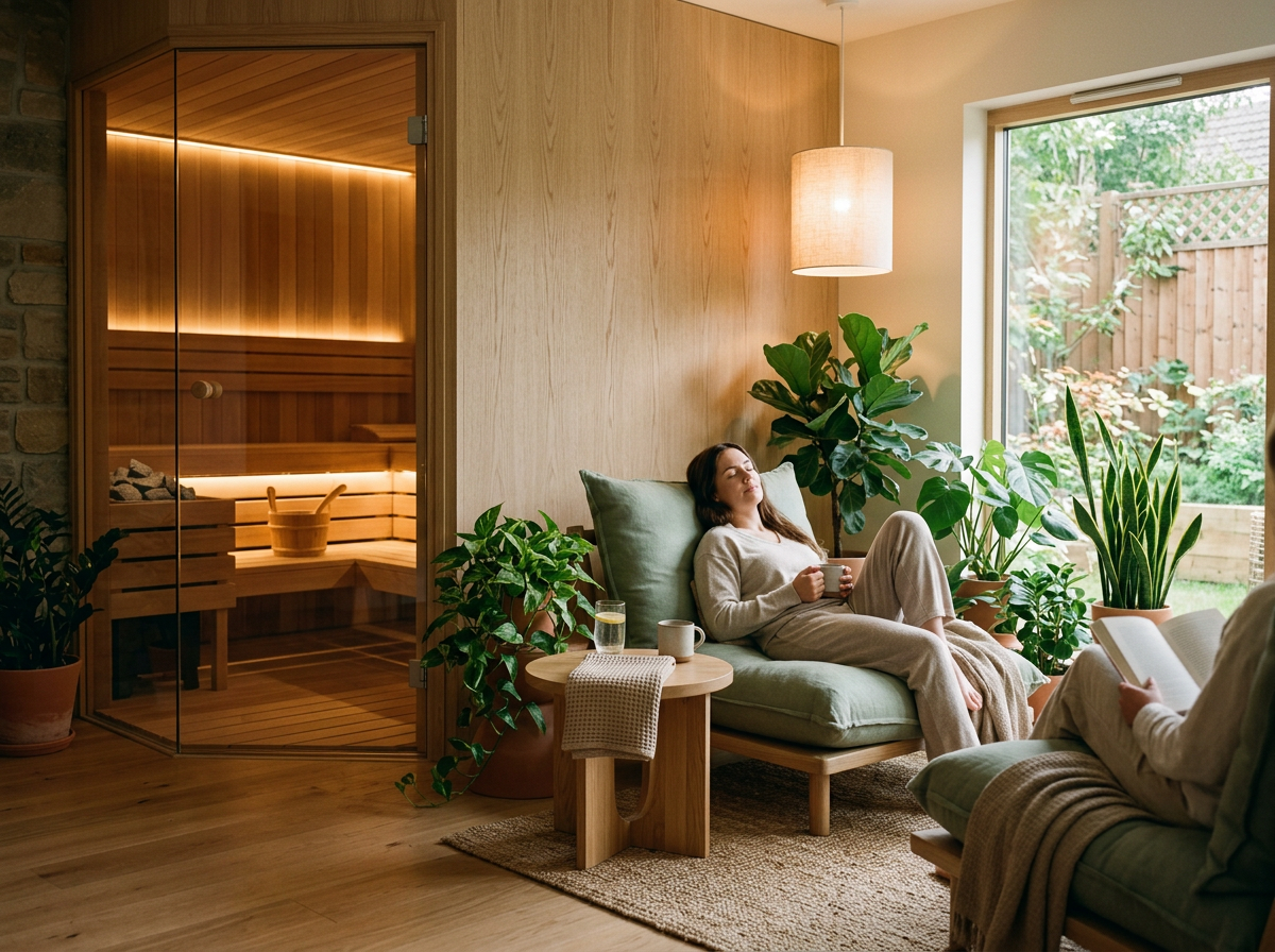 Ambiente aconchegante de recovery com sauna de madeira e iluminação suave