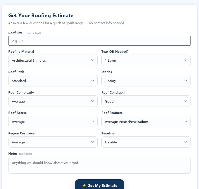 Screenshot of the roofing demo quote calculator with roof size, material, tear-off, pitch, stories, and condition fields