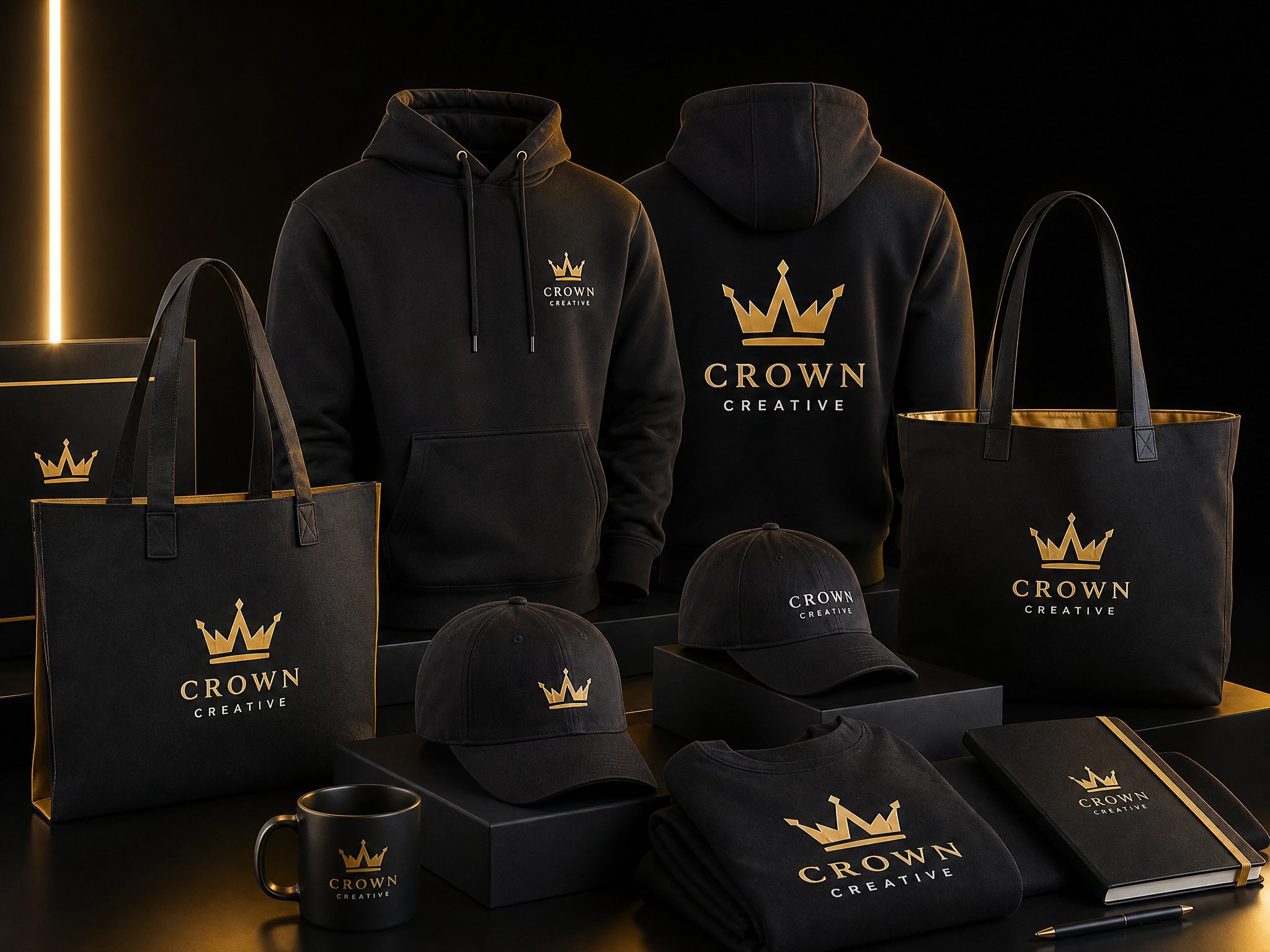 Branded merchandise collection including hoodies, tote bags, and caps