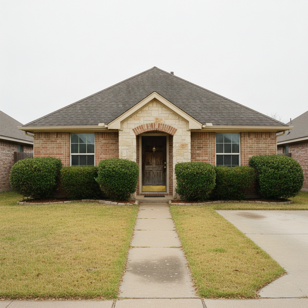 Front yard of a Leander home before curb appeal refresh with overgrown hedges and patchy lawn