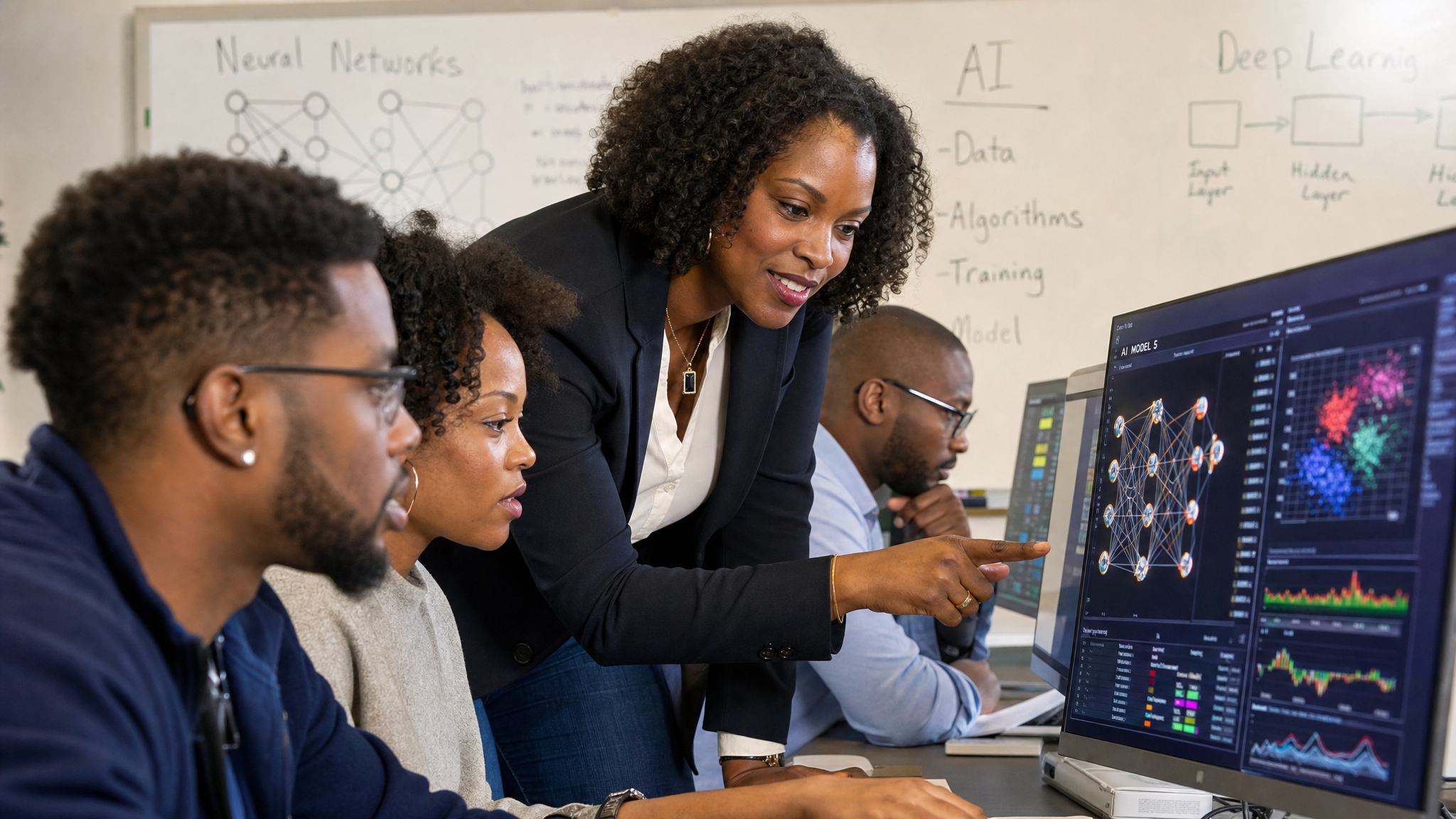 Students engaged in hands-on AI training with instructor guidance