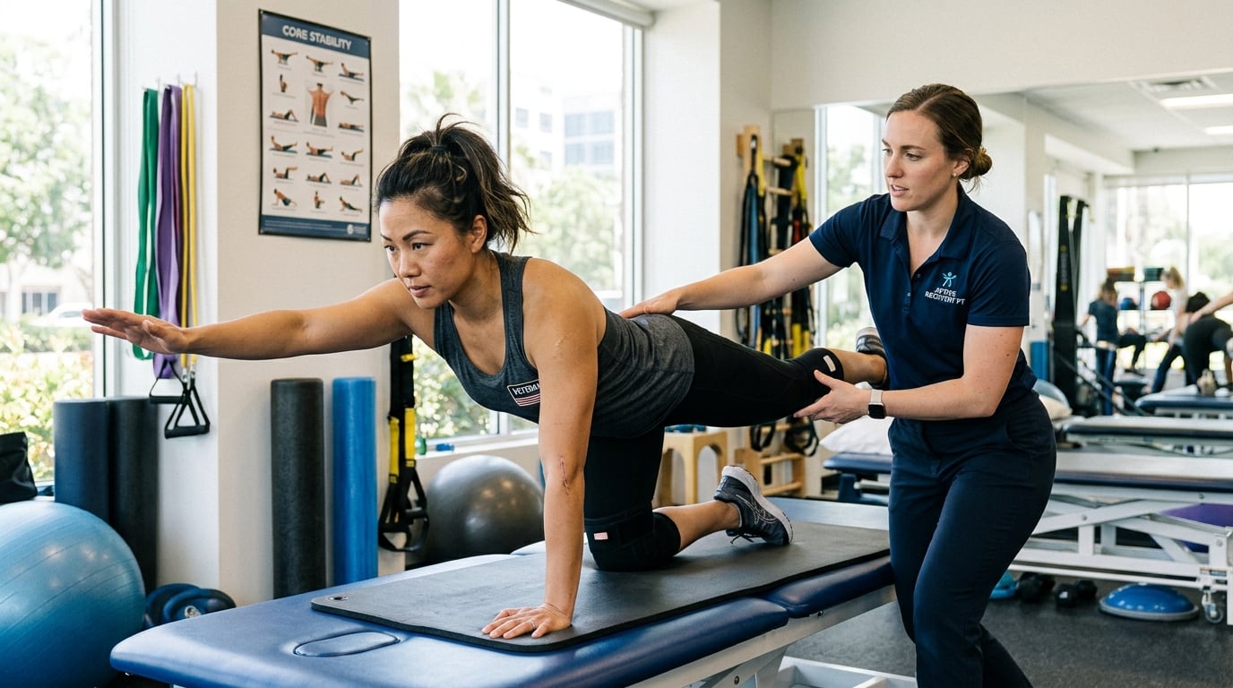 A woman veteran working through guided physical therapy for her back and knee