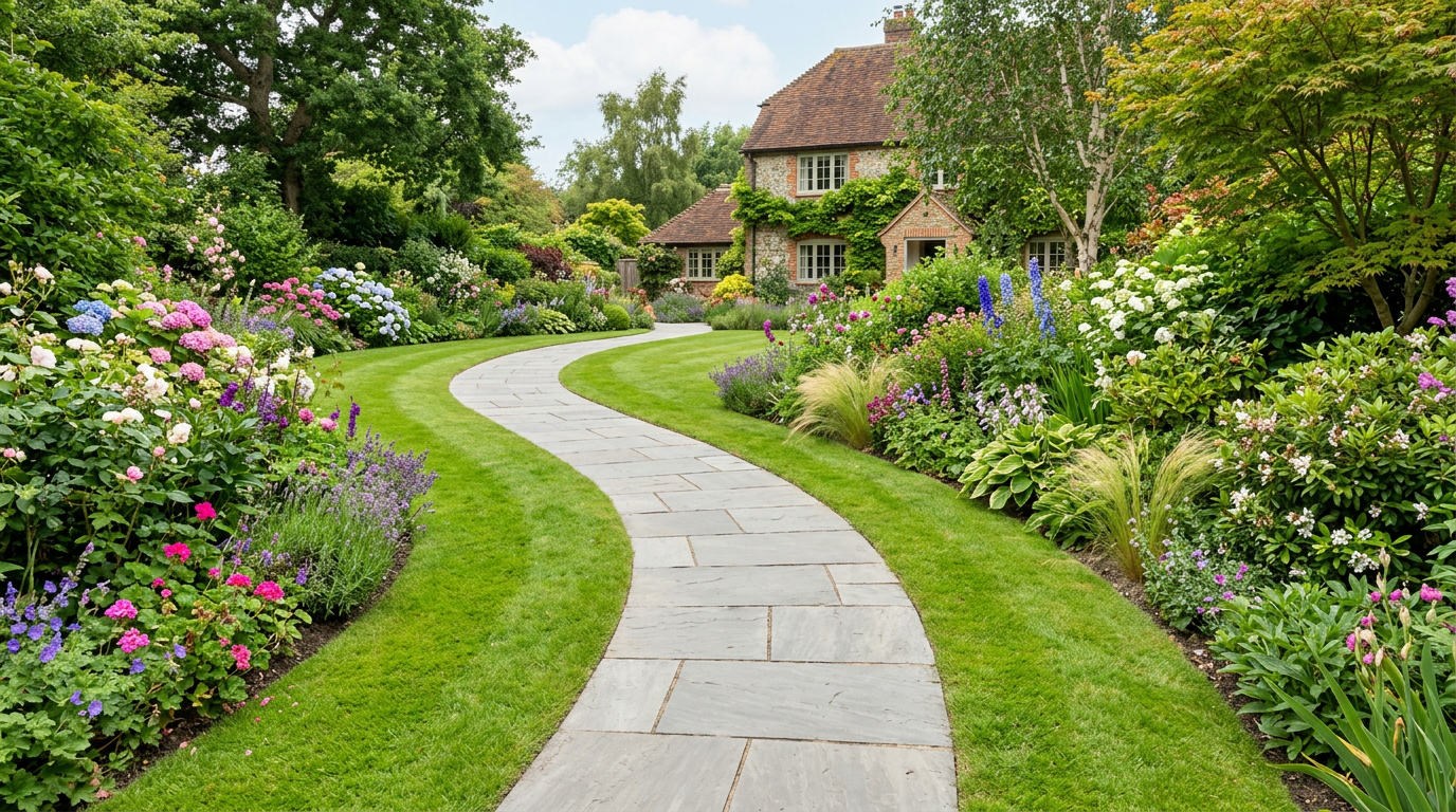 Curved garden pathway of paving slabs through a UK garden