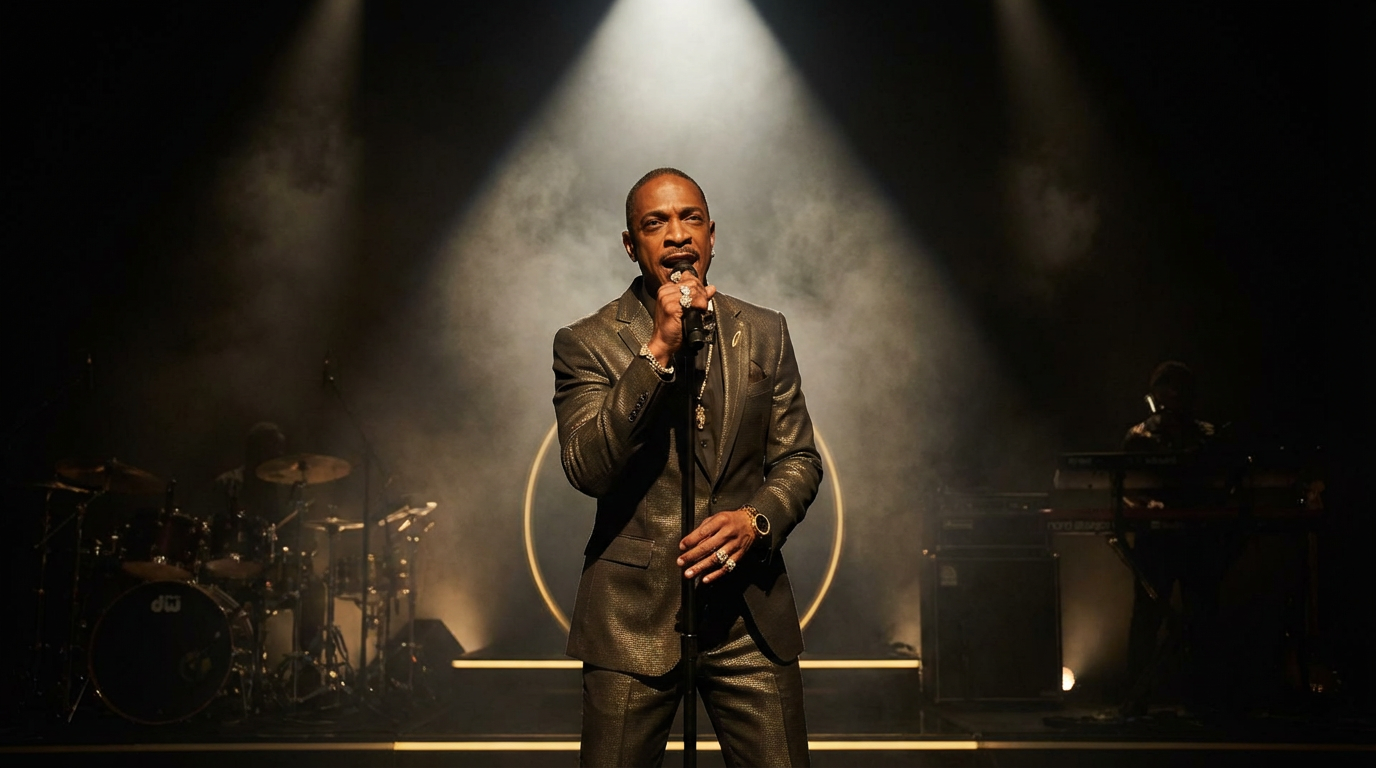 Frankie G performing live on stage with dramatic spotlight