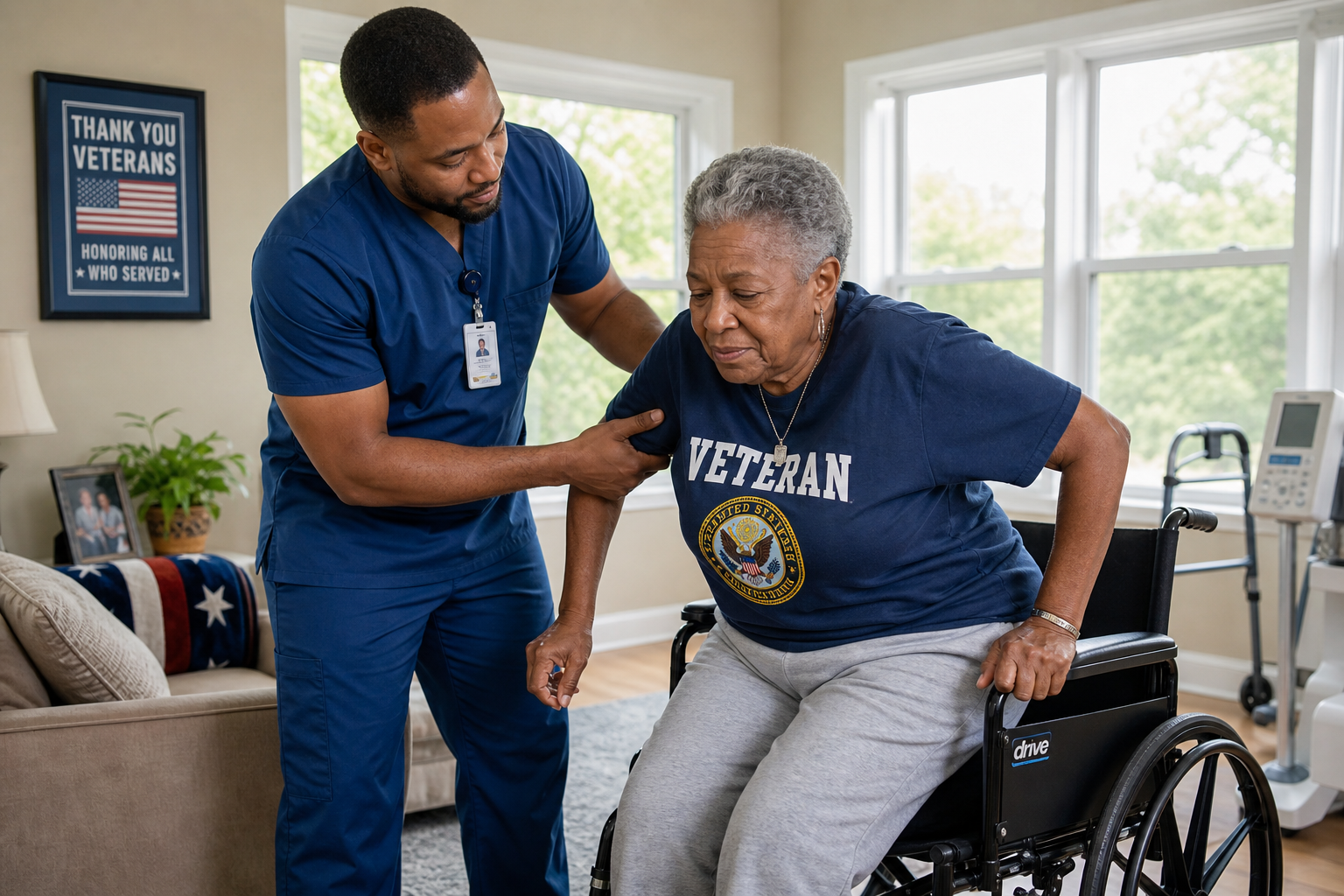 Caregiver helping a veteran who uses a wheelchair with daily aid and attendance