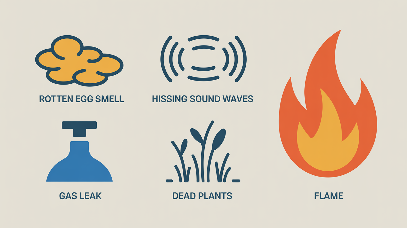 Infographic showing warning signs of gas leaks including smell, sound, and visual indicators
