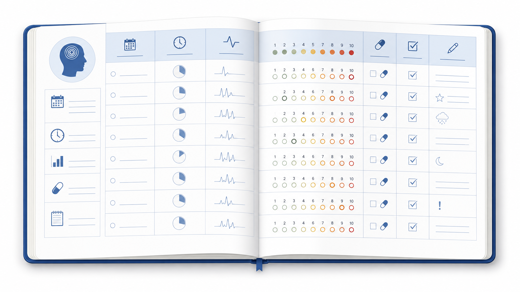 Illustration of an open headache diary page with logged dates, durations and notes