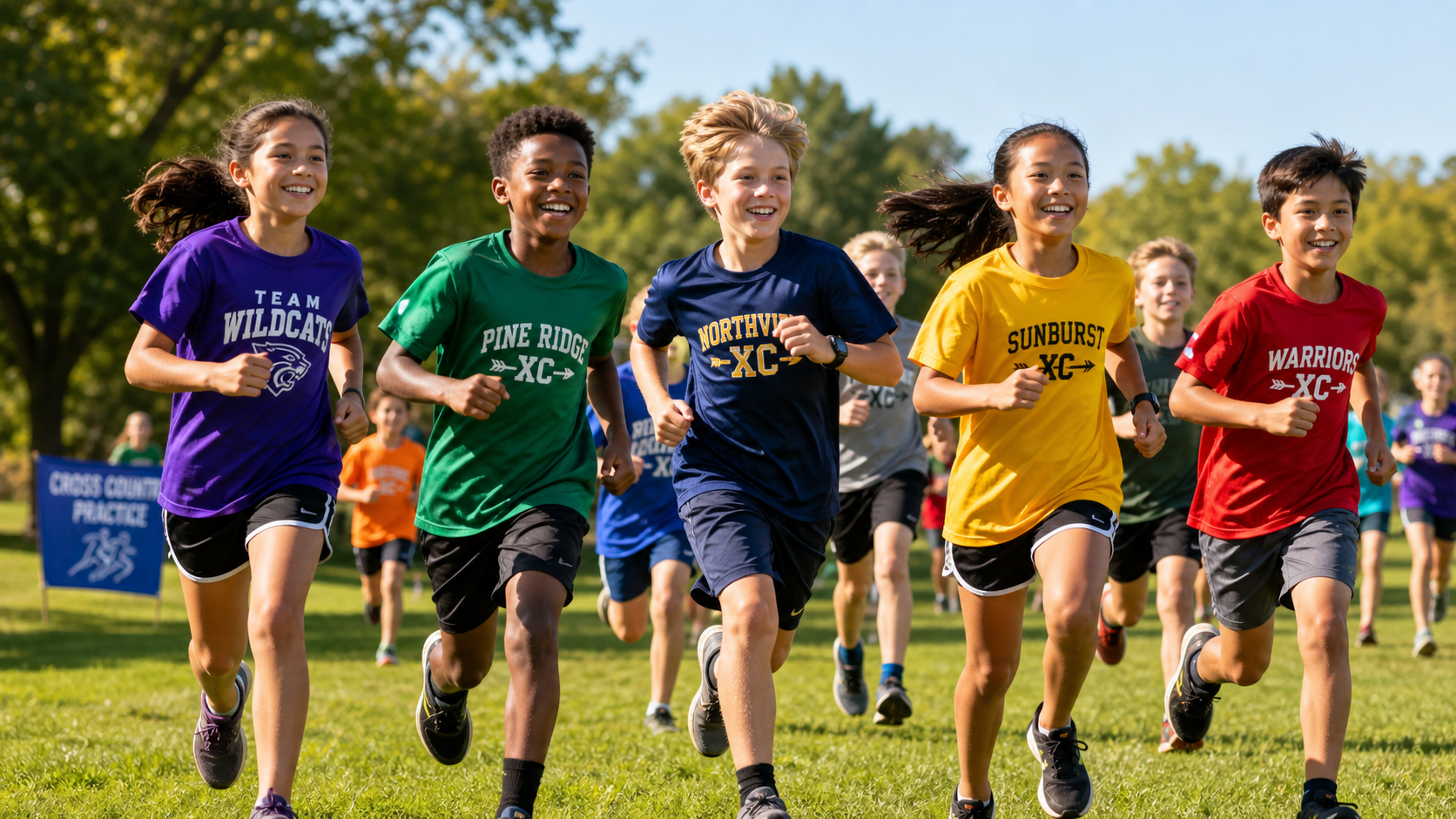 Youth runners practicing cross country on a grassy field