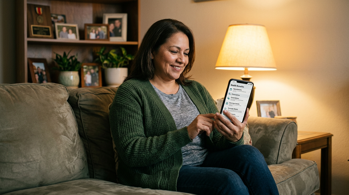 A veteran using the VA Health and Benefits mobile app on a smartphone