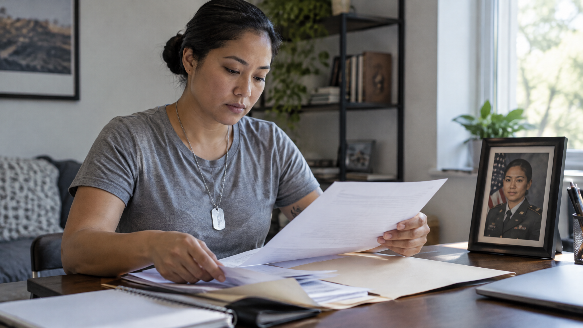 A woman veteran wearing dog tags sorting hospital discharge papers beside a photo of herself in uniform