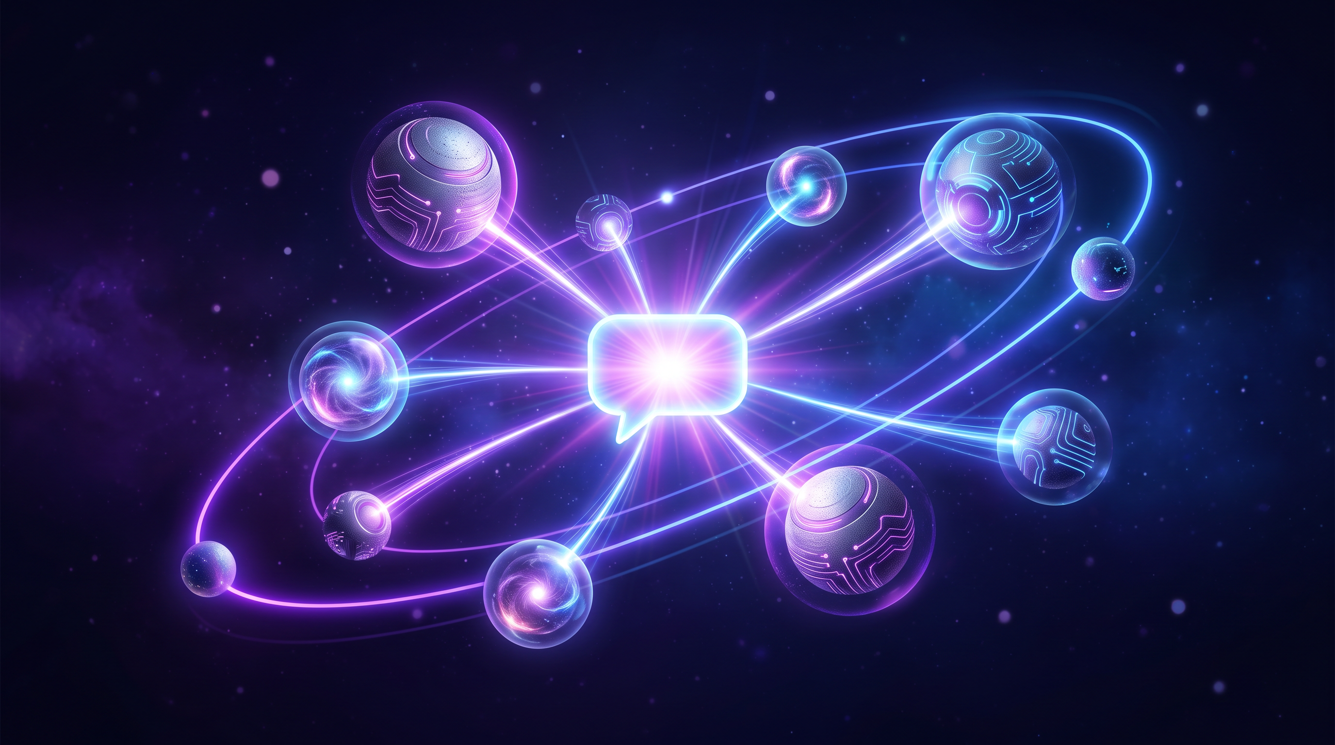 A glowing AI answer bubble connected to orbiting AI engine orbs