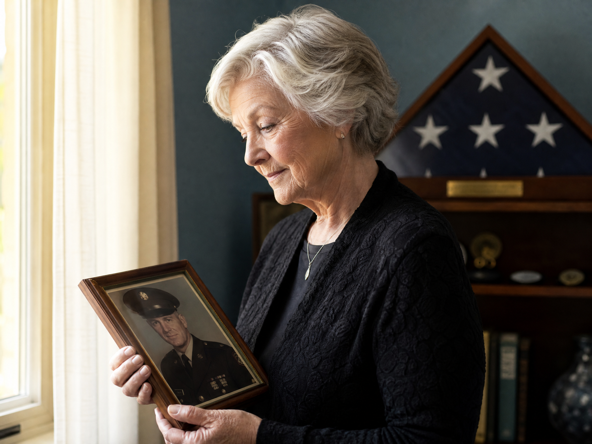 A senior widow holding a framed portrait of her late husband beside a folded American flag in warm natural light