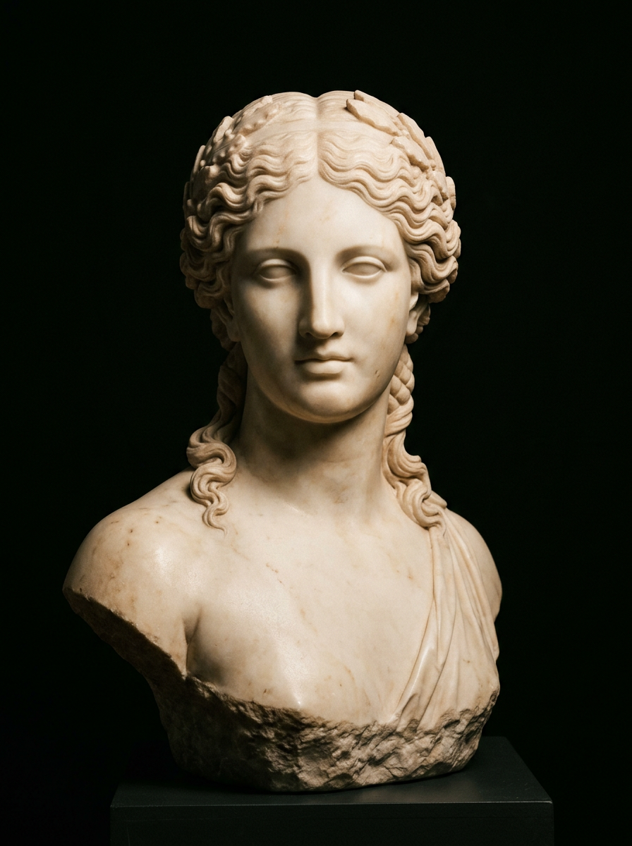 Classical vintage marble bust of a woman in dramatic museum lighting