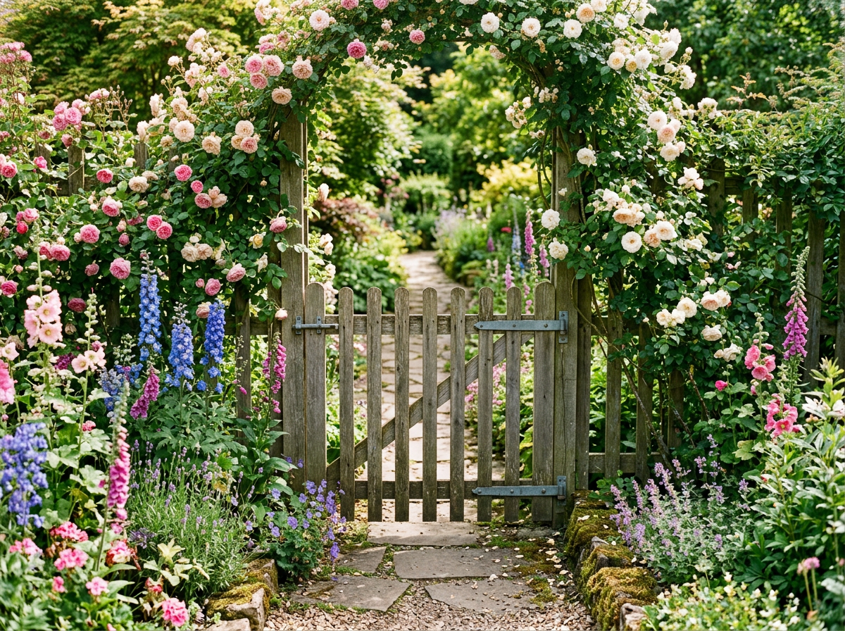 Charming wooden garden gate framed by climbing roses and cottage flowers