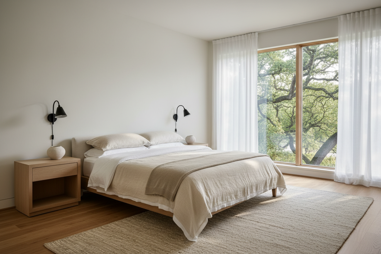 Serene primary bedroom with layered neutral linens and large windows facing a greenbelt
