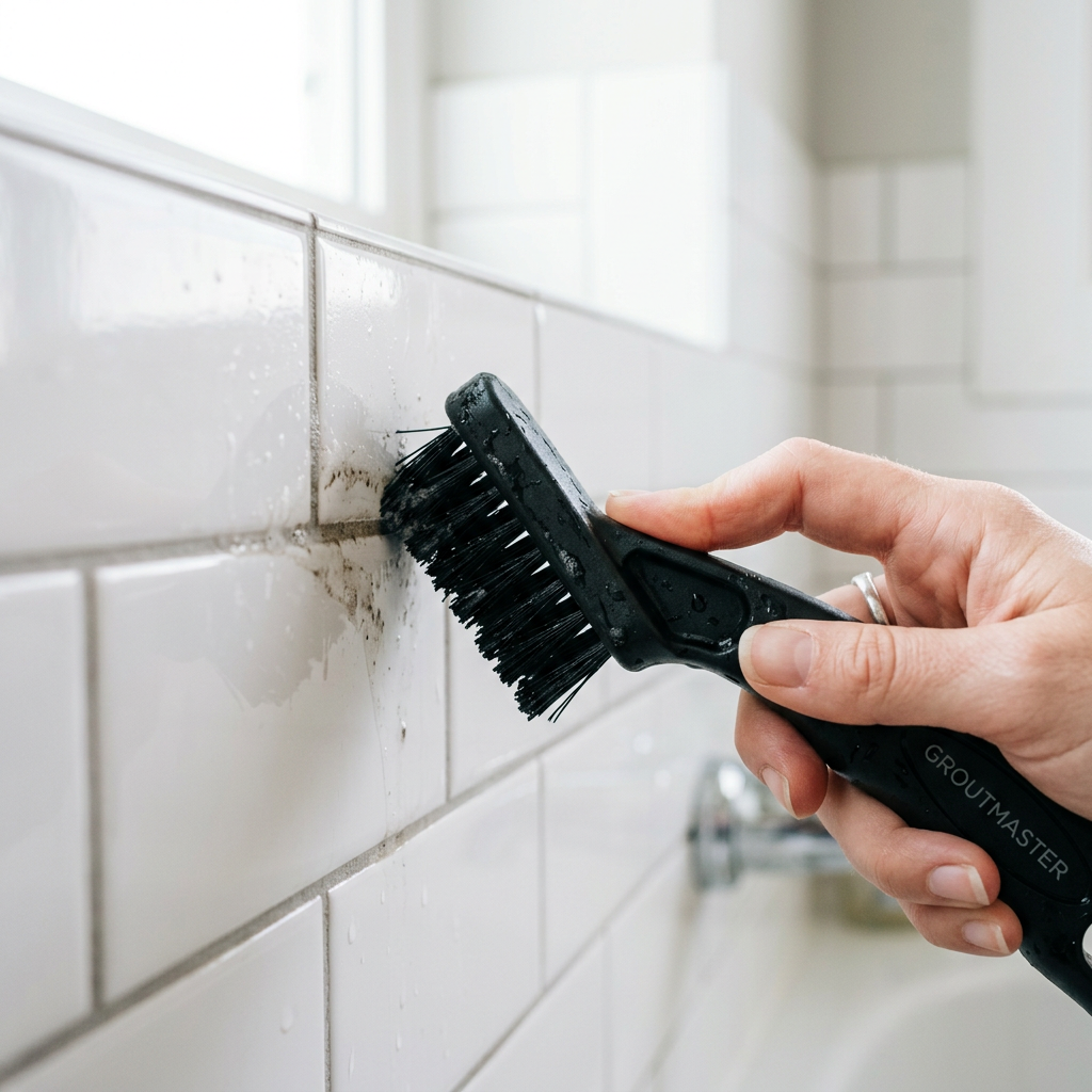 Crevice brush cleaning bathroom tile grout lines
