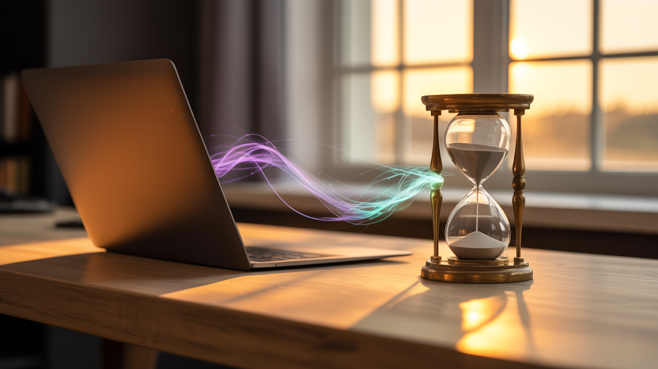 Laptop i peščani sat u zlatnoj svetlosti — vremenske granice AI korišćenja. Laptop i peščani sat na stolu sa svetlosnim talasima između njih koji simbolizuju vreme, kontrolu i korišćenje AI za lični razvoj