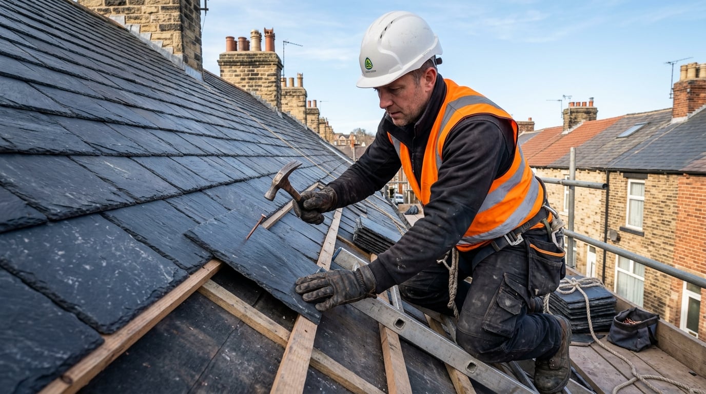 Professional roofer fitting slate tiles on a pitched roof