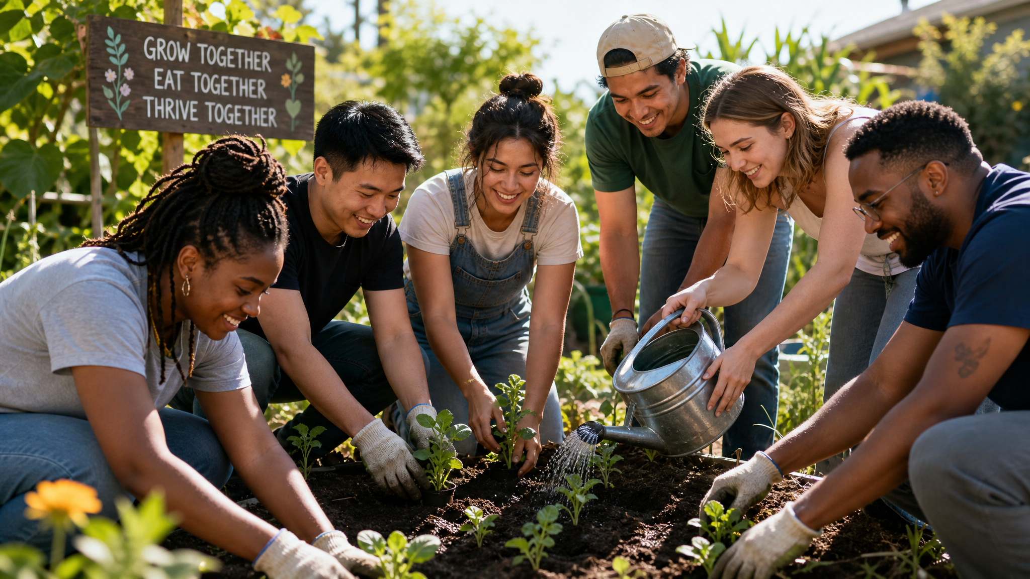 Diverse group of young people planting and watering seedlings together in a bright community garden