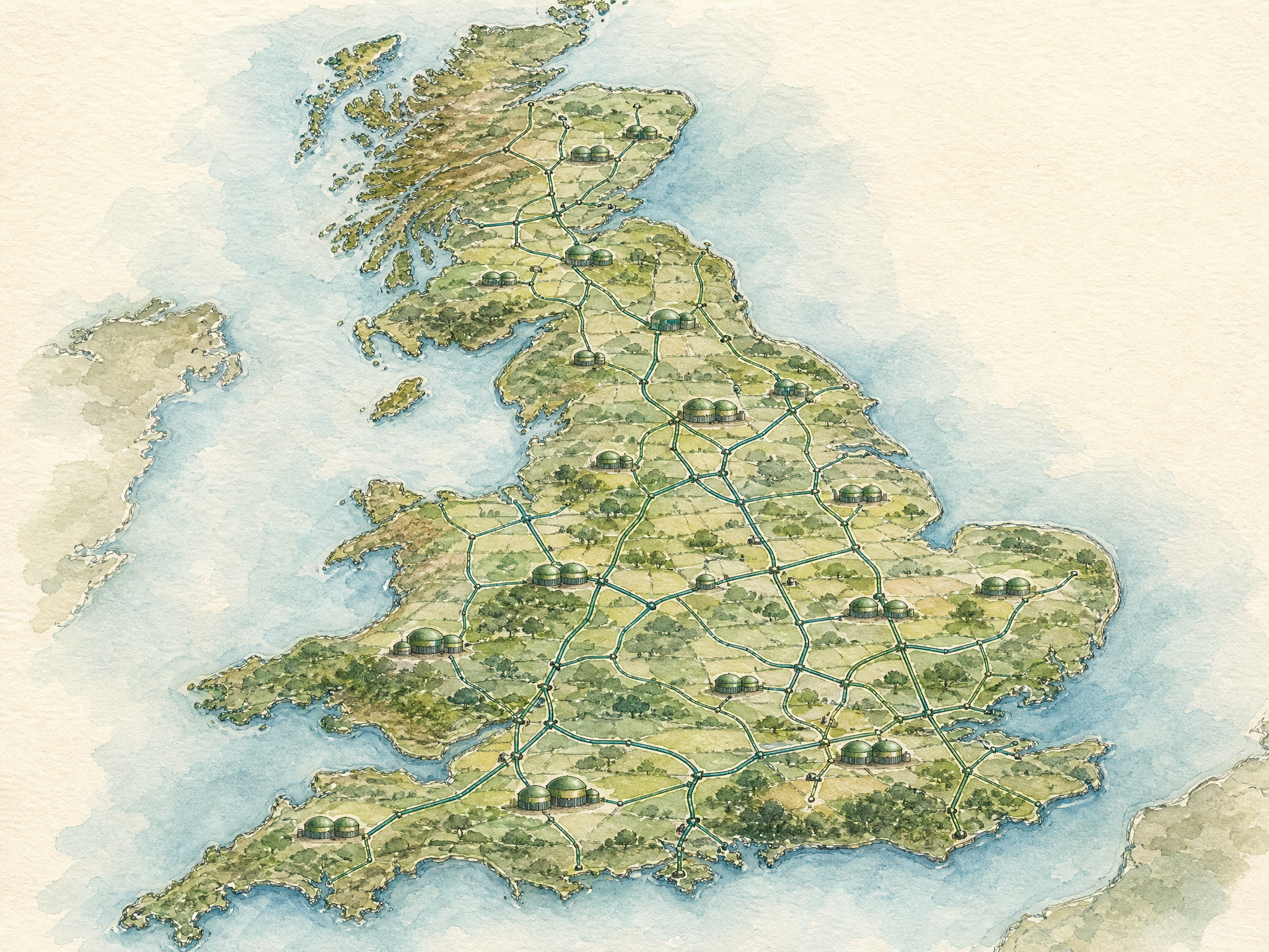 Ink and watercolour bird's-eye map of Great Britain showing the gas pipeline network and anaerobic digestion plants across the countryside
