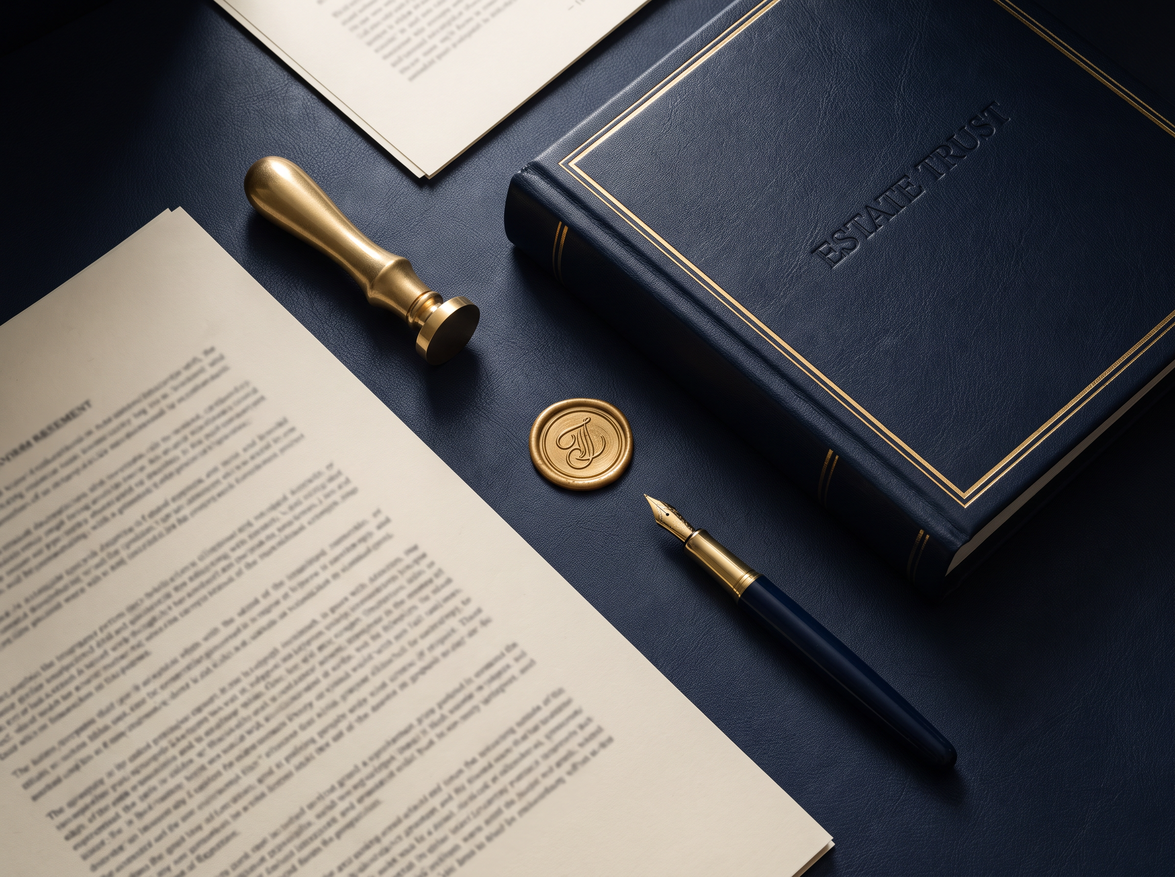 Estate documents, a fountain pen and a seal arranged on a desk