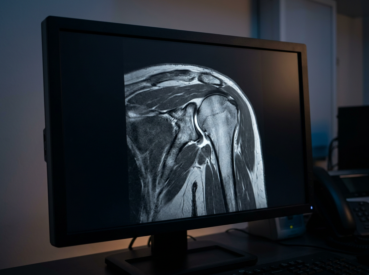A shoulder MRI displayed on a dark radiology monitor showing the glenohumeral joint with a visible labral tear