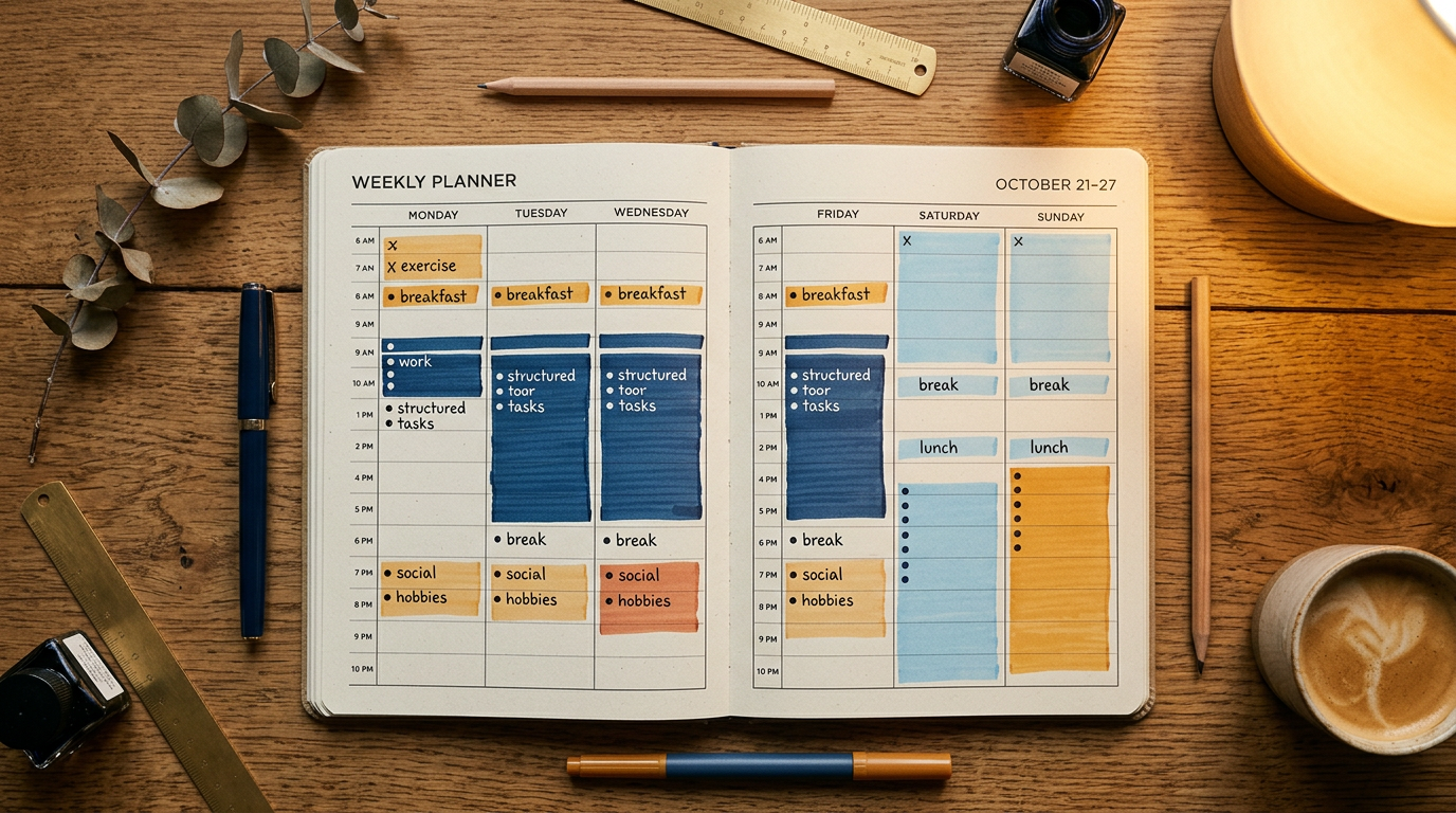Planner semanal organizado com blocos equilibrados de trabalho descanso e lazer