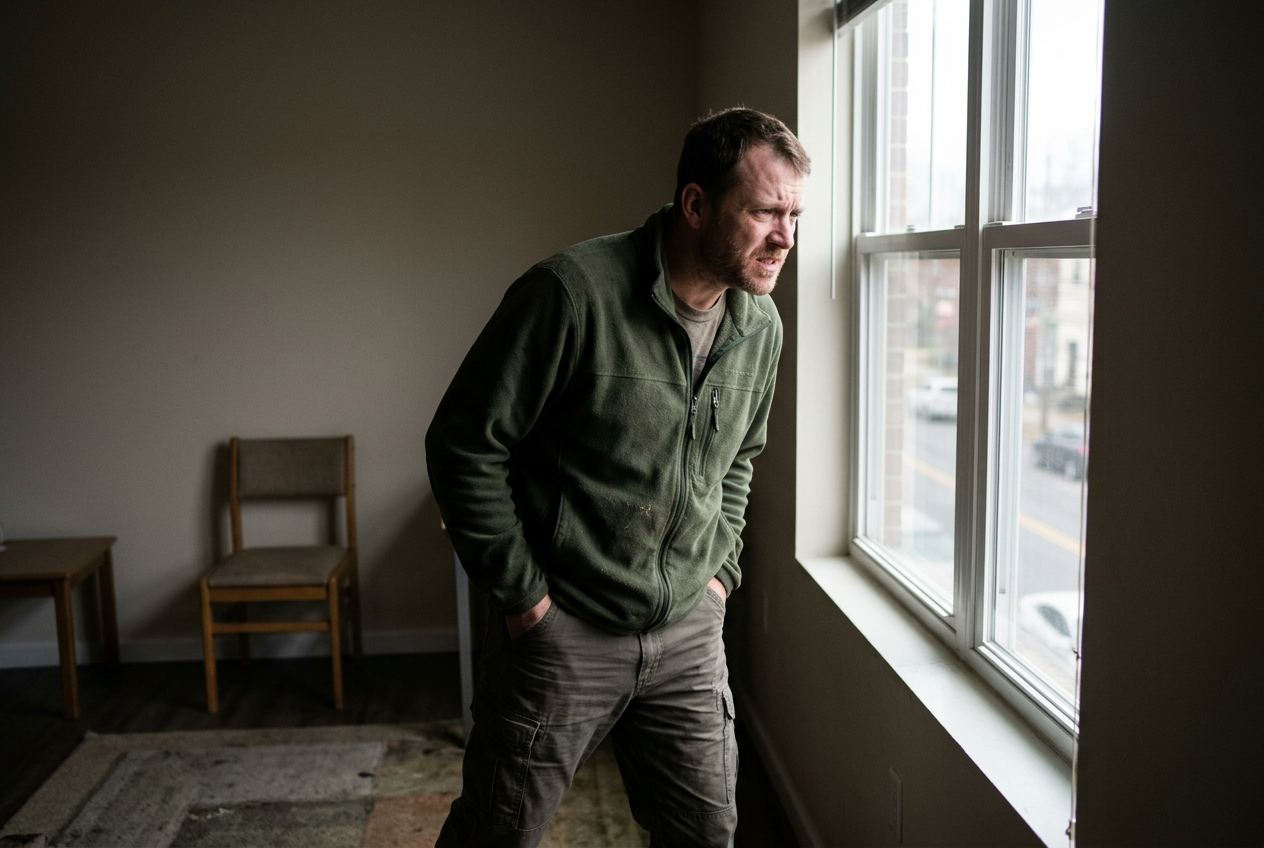 A male veteran pacing restlessly by a window with tense body language, unable to settle