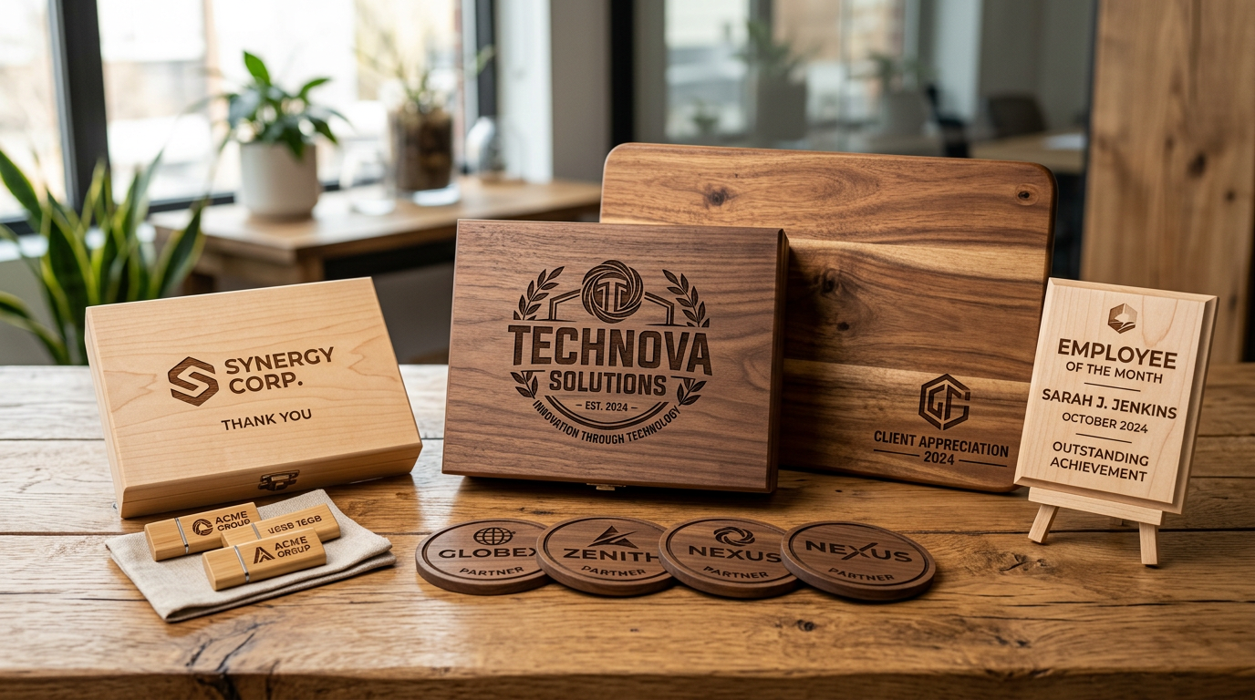 Regalos corporativos de madera con grabado láser personalizados