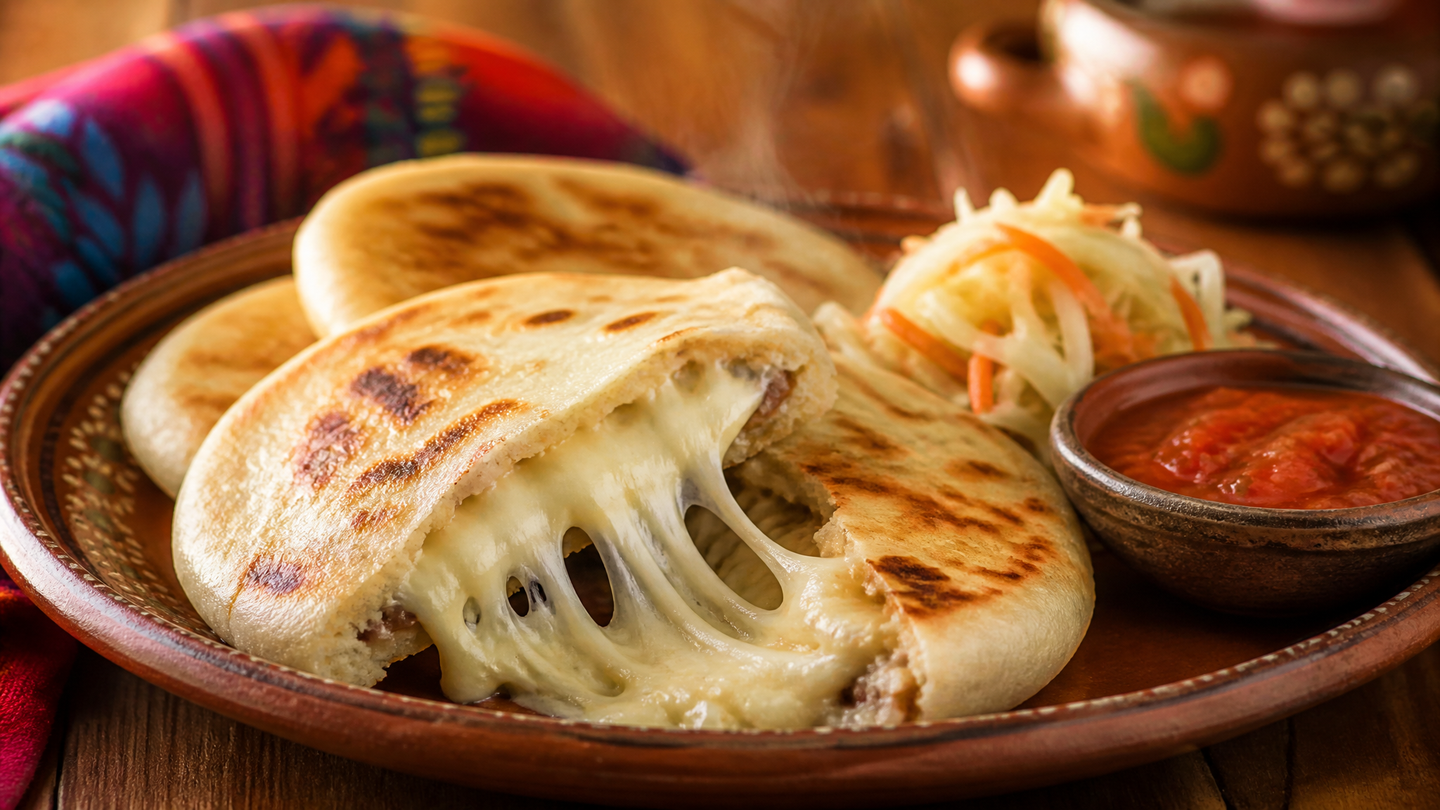 Pupusas salvadoreñas con quesillo Santa Emilia, acompañadas de curtido y salsa