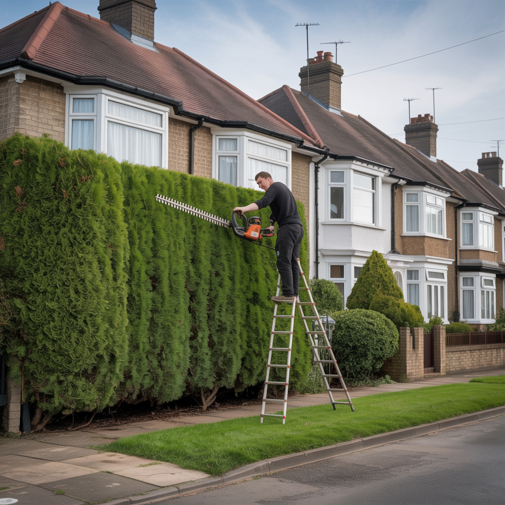 Conifer hedge trimming in UK residential area