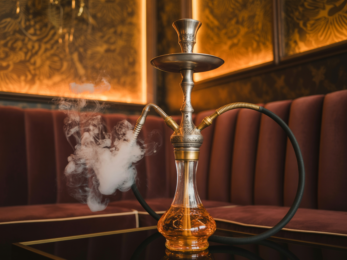 Luxurious premium hookah lounge atmosphere with brass hookah and velvet seating at Carnys Encino