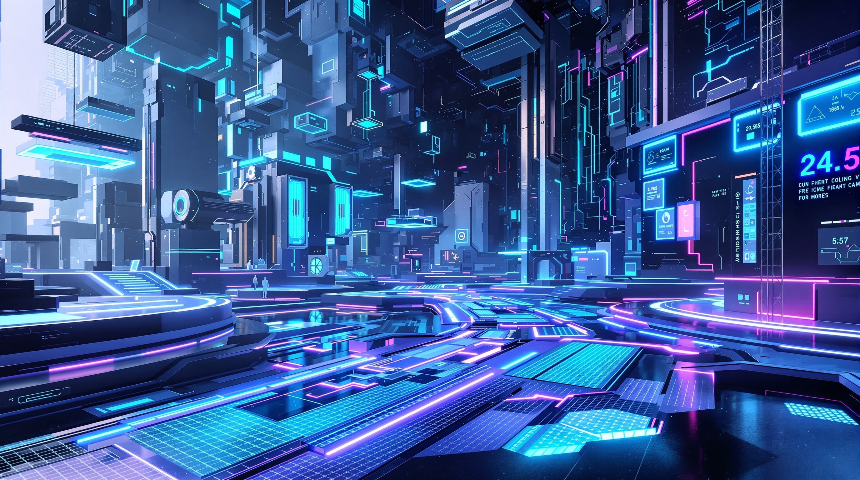 Futuristički digitalni grad sa neon svetlima i tehnološkim strukturama koji predstavlja metaverzum