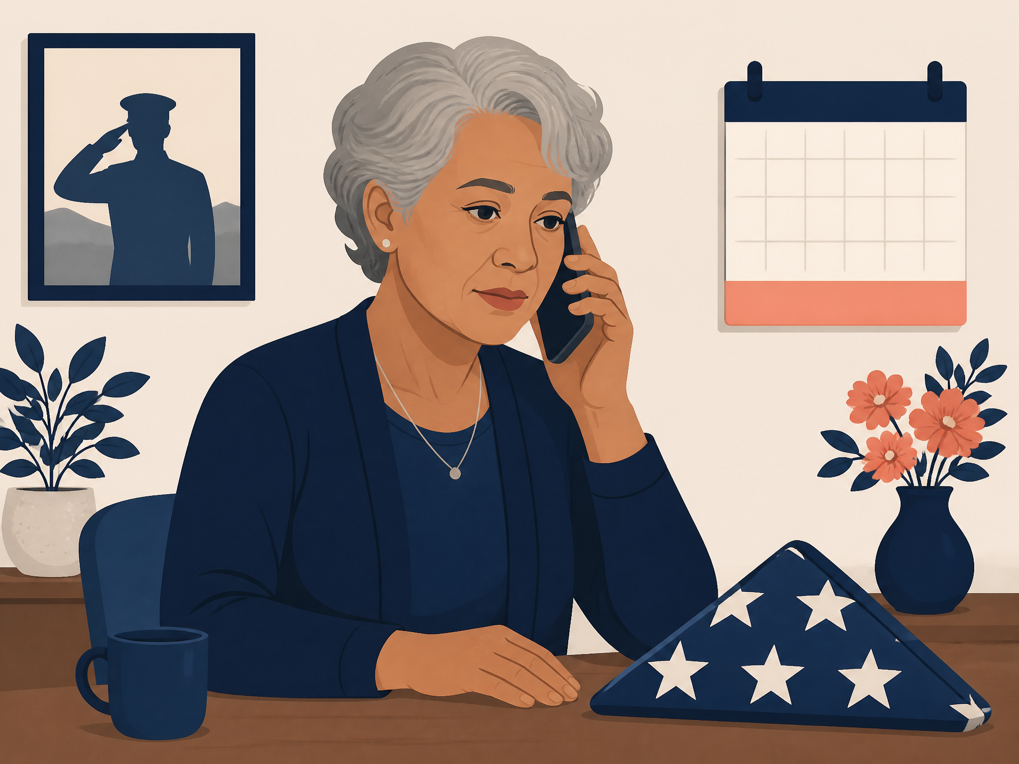 A neatly folded American flag in a triangular case on a table beside a telephone and notepad, representing reporting the death and arranging military memorial honors