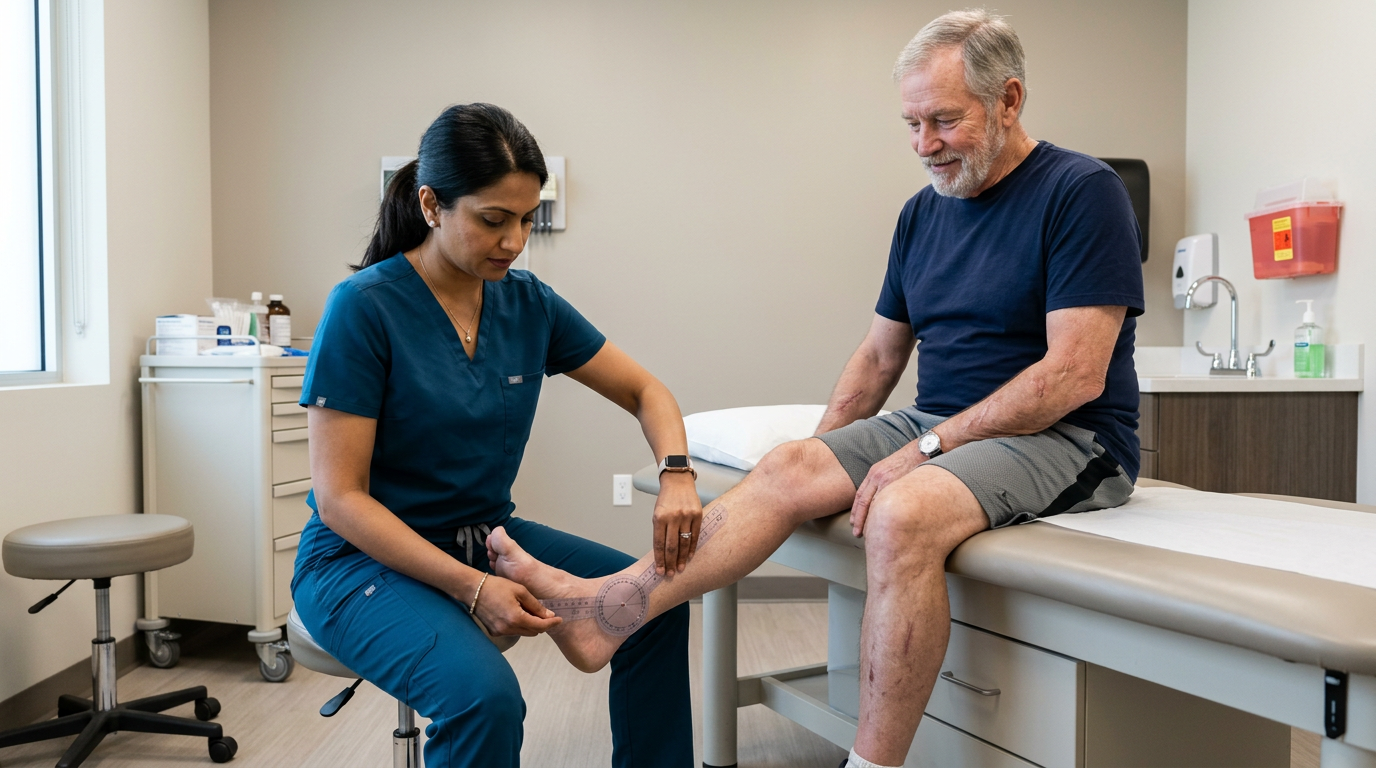 A South Asian female clinician using a goniometer to measure a white male veteran's ankle dorsiflexion while he sits on an examination table in a clean clinical setting
