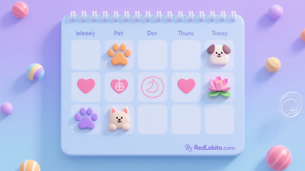 Weekly pet mindfulness routine planner with paw prints, hearts, meditation symbols, pastel blue-lavender, By RedLobito.com