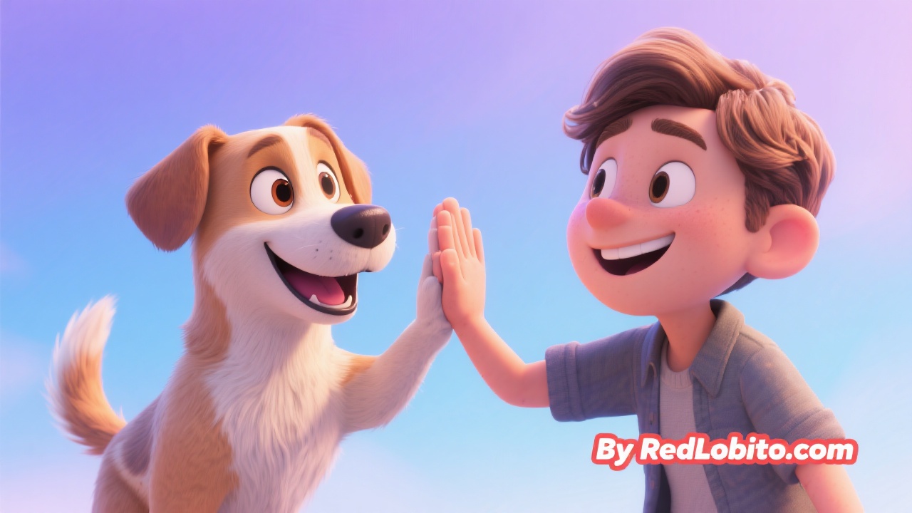 Dog and human high-fiving in forgiveness, pastel blue and purple, By RedLobito.com