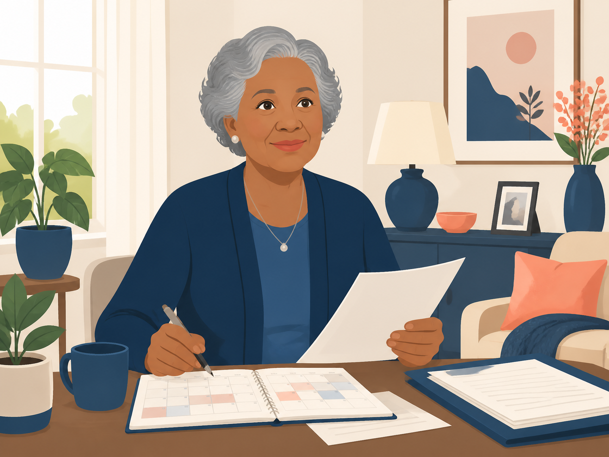 A surviving spouse at home reviewing organized VA letters in a folder with a laptop nearby, settled and hopeful about ongoing benefits