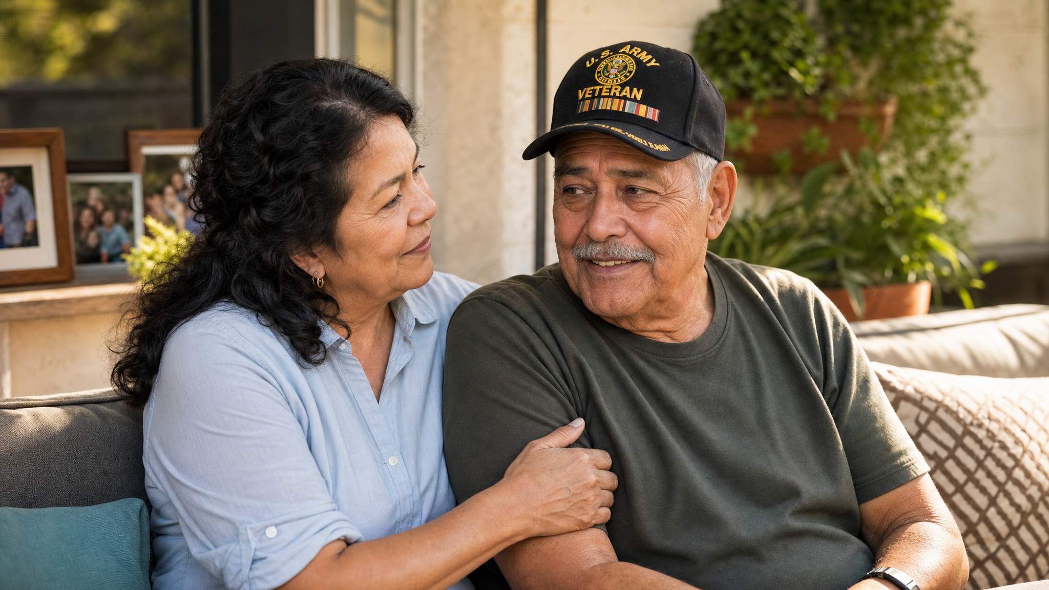 A Latina wife lovingly caring for her senior veteran husband at home