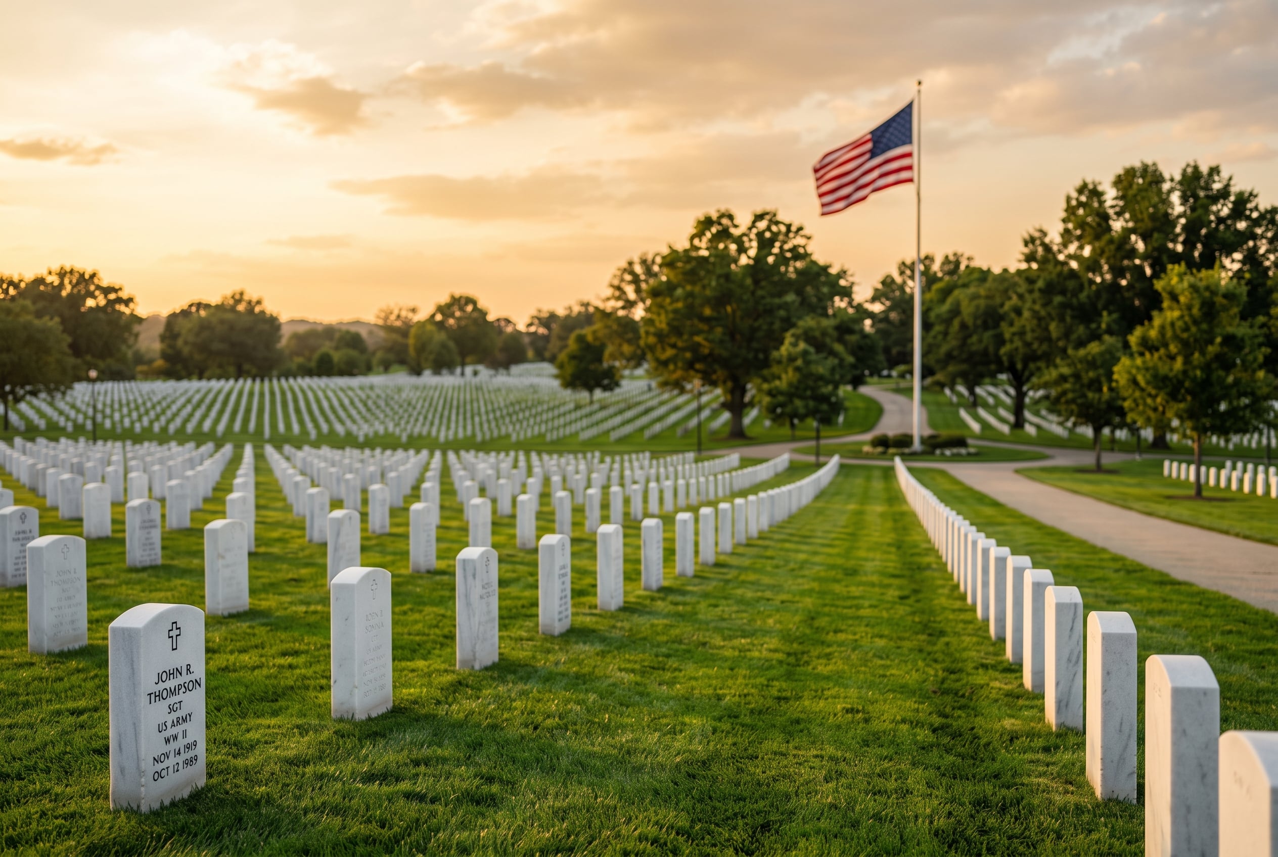 Rows of white marble headstones on green grass at a U.S. national veterans cemetery with an American flag at golden hour